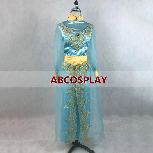 Aladdin And Hips Lamp Jasmine Princess Dress Satin With Chiffon Sleeves Cosplay Costumes