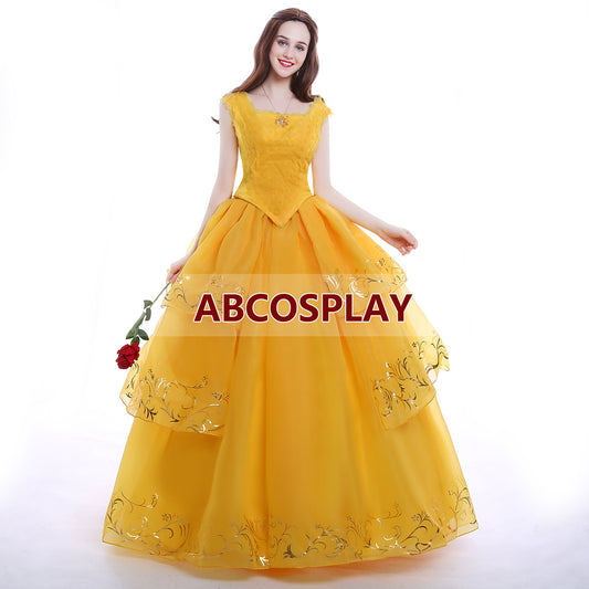 Beauty And The Beast Belle 2015 Princess Yellow Dress Luxury Cosplay Costume
