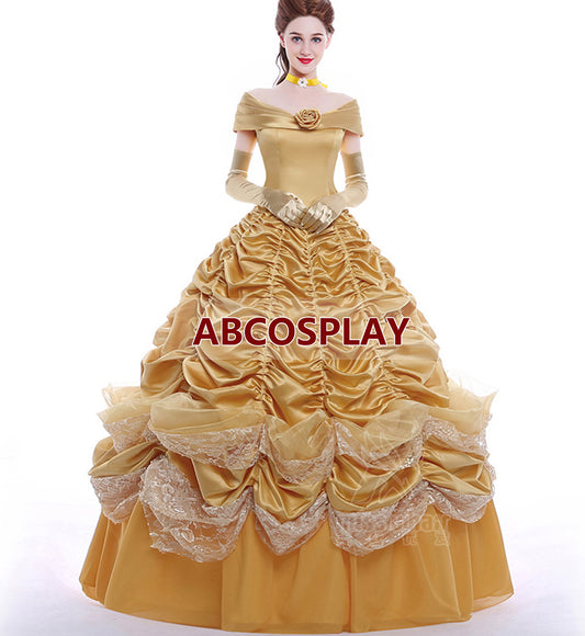 Beauty And The Beast Belle Gold Yellow Dress Cosplay Costumes
