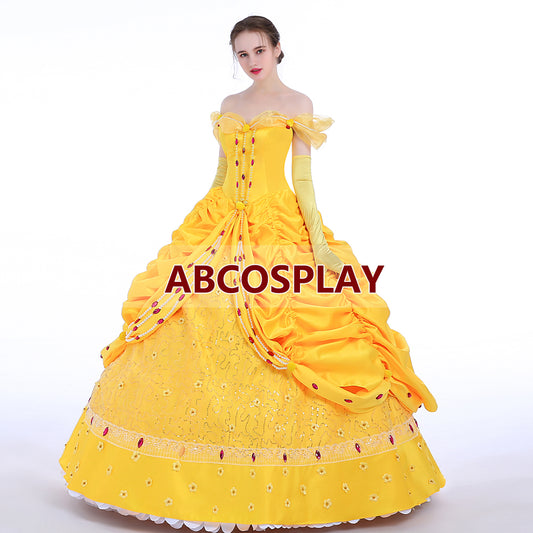 Beauty And The Beast Belle Princess Yellow Dress Luxury Cosplay Costume