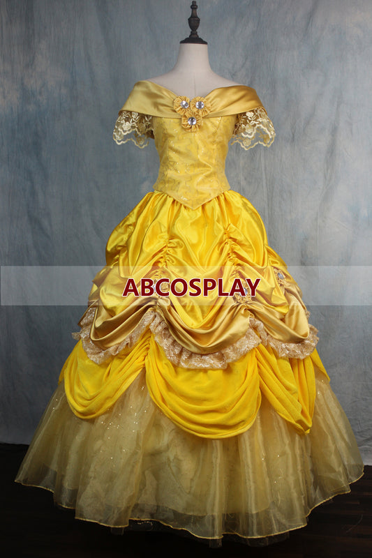 Beauty And The Beast Belle Princess Yellow Dress Three Flowers Cosplay Costume