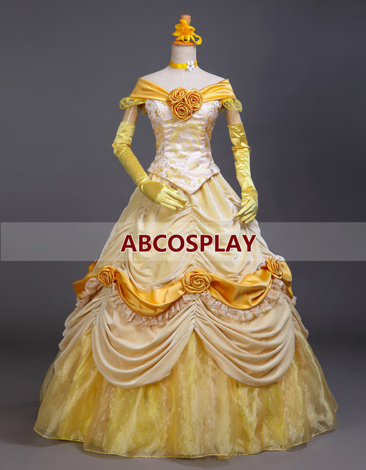 Beauty And the Beast Belle Princess Dress Yellow Satin Cosplay Costume