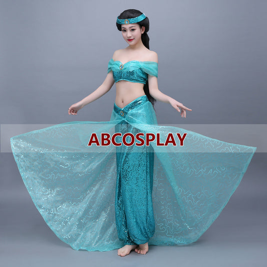 Aladdin Princess Jasmine Dress Aladdin Dress Lake Green Classic Cosplay Costumes